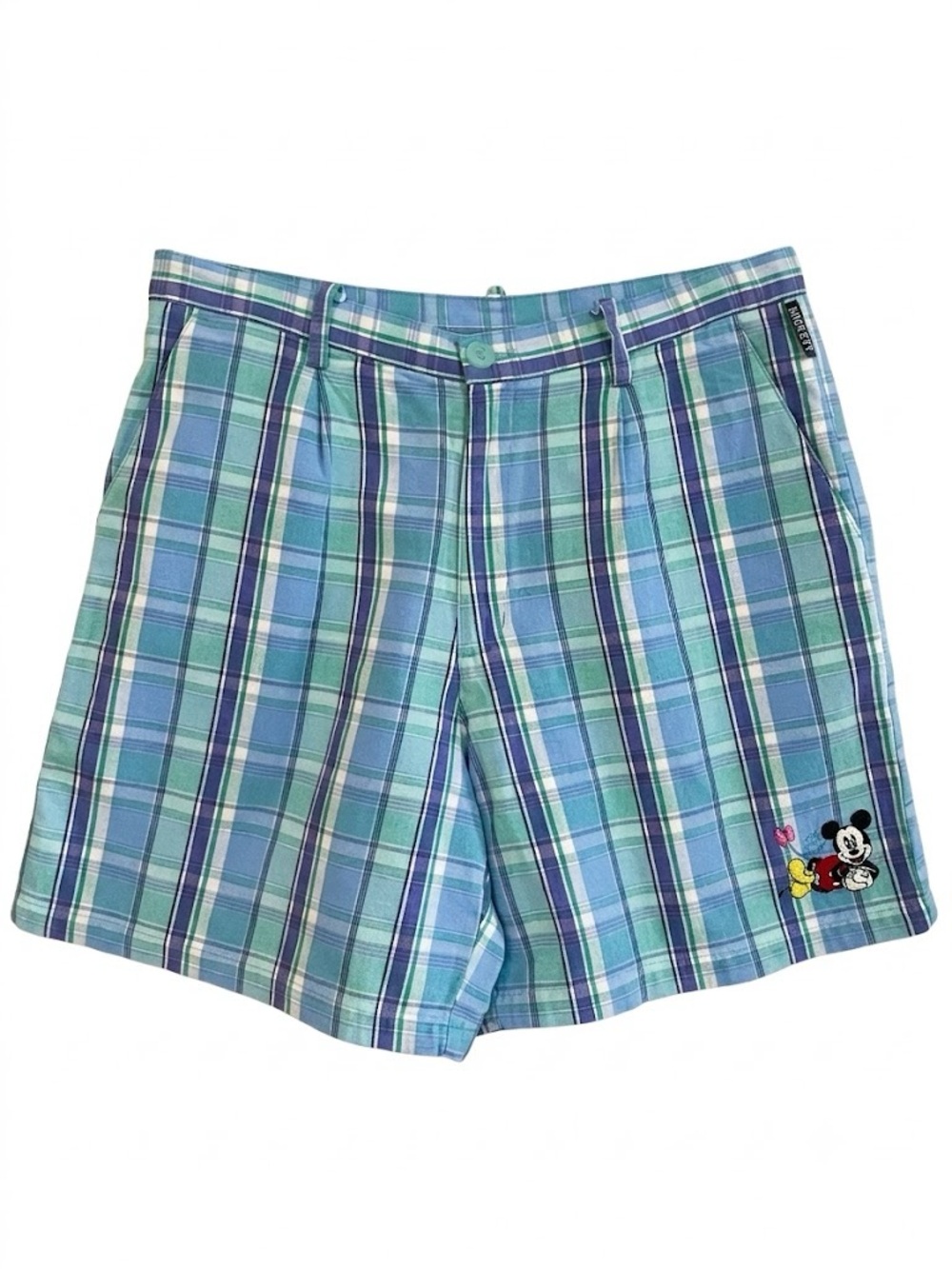 Vintage Disney Mickey Mouse Plaid Bermuda Shorts Blue & Green – Size 9/10 EUC